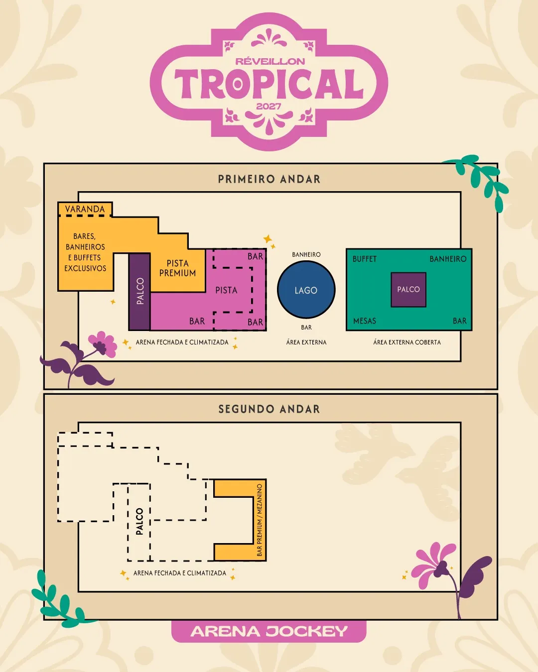 Mapa oficial do evento com primeiro e segundo andar da Arena Jockey